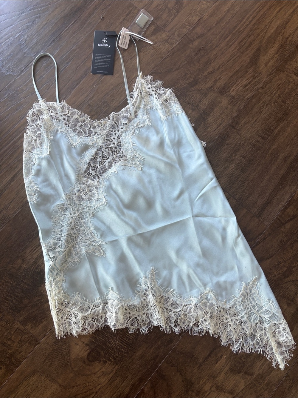 NWT 100% Silk & Lace Trim Slip Tank in Light Blue